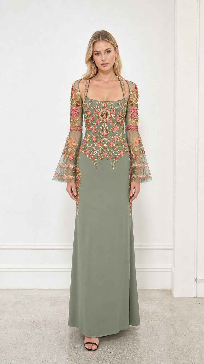 Front view of sage green embroidered evening dress