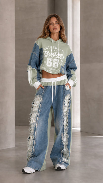 Sage green denim patchwork cropped hoodie and wide leg sweatpants set