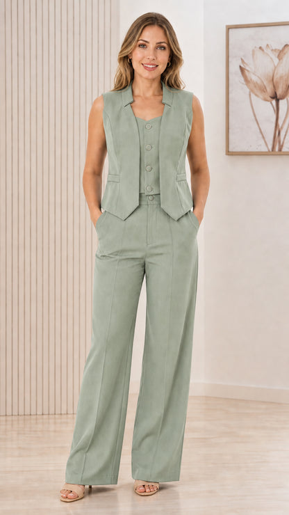 Full length view of sage green matching vest and pants set