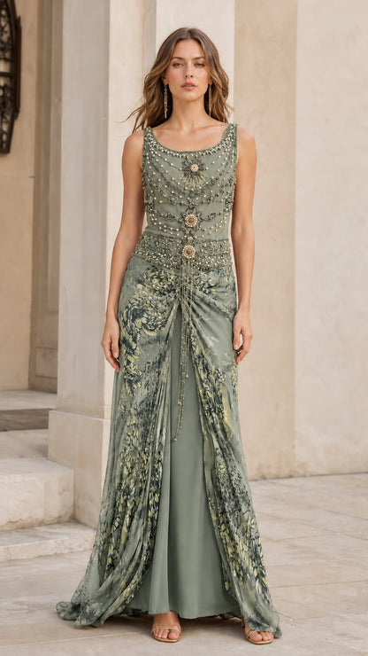 Model wearing sage green beaded evening dress