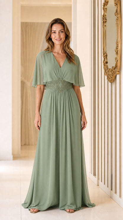 Full view of sage green V-neck chiffon maxi dress