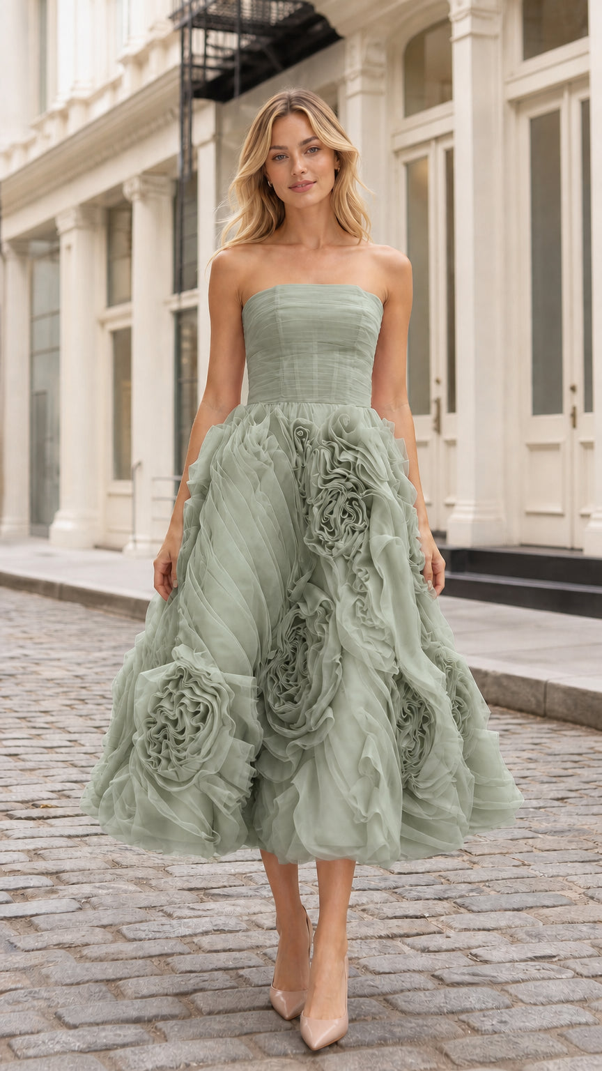 Front view of sage green strapless tulle midi dress