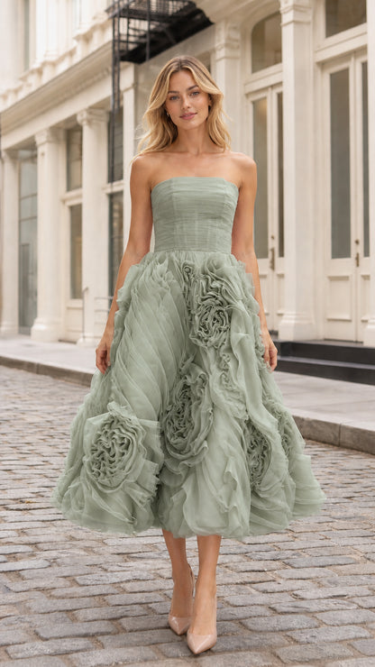 Front view of sage green strapless tulle midi dress