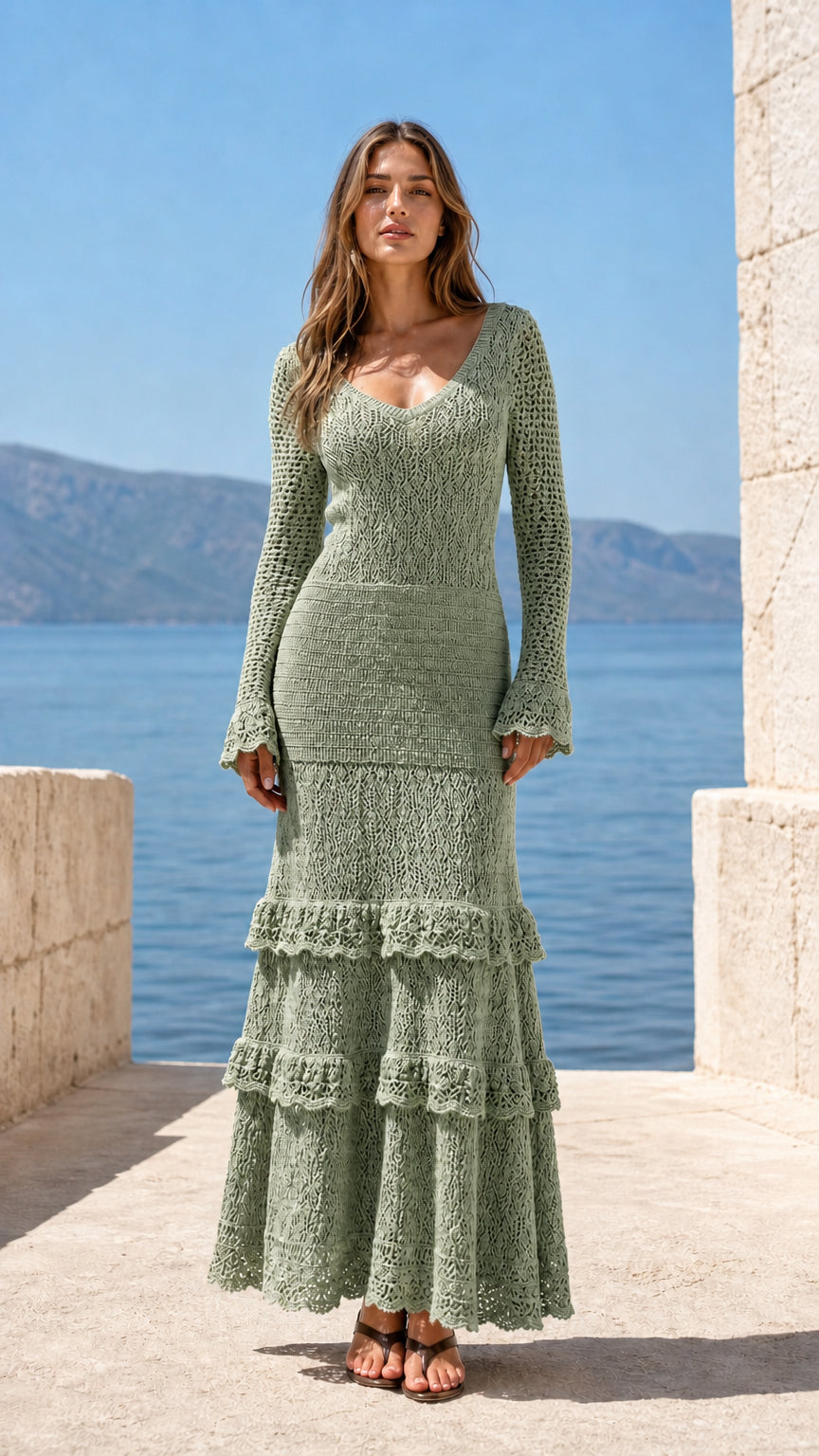 Front view of woman wearing sage green crocheted maxi dress
