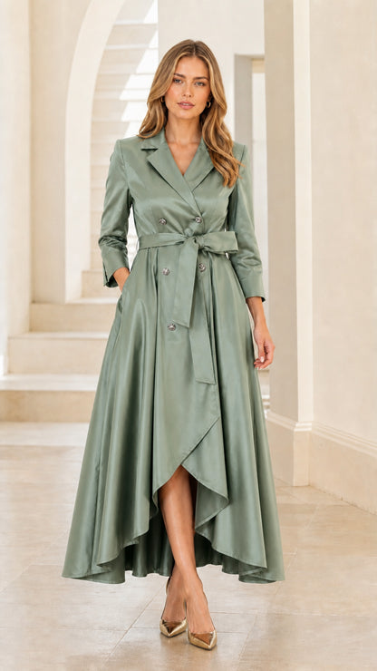 Front view of woman wearing sage green satin trench dress