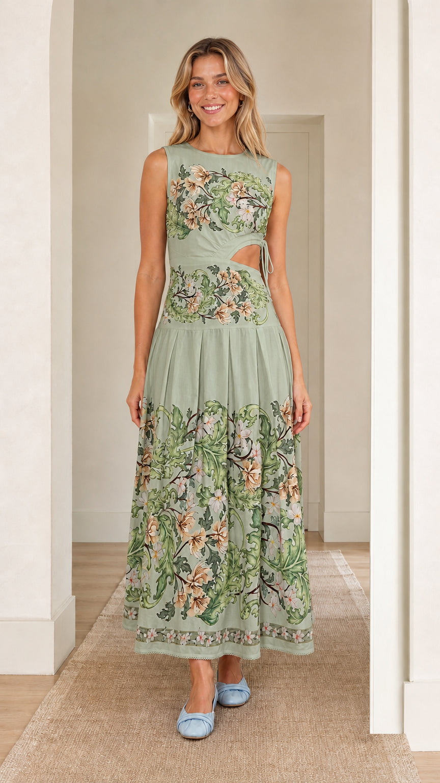 Woman wearing sage green floral print cutout maxi dress