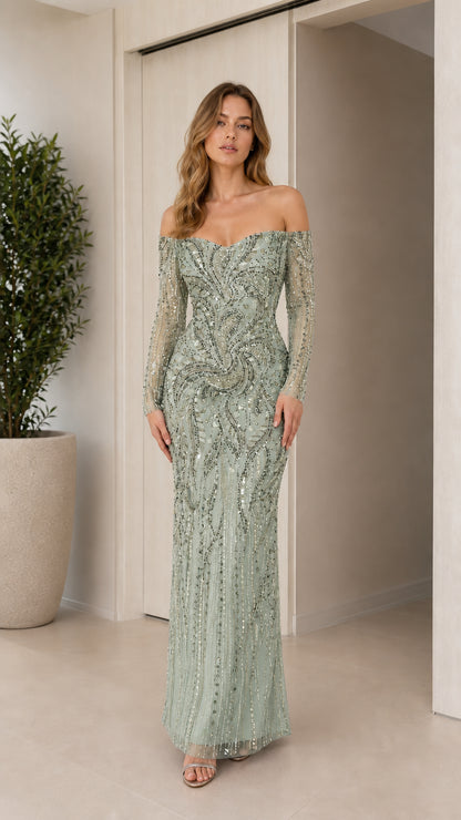 Front view of sage green off-the-shoulder sequin embellished evening gown