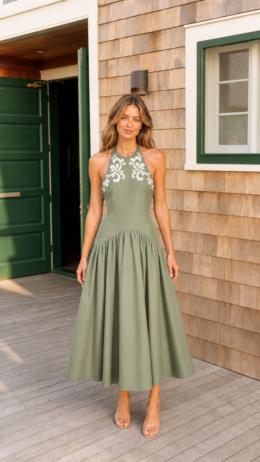 Sage green halter neck embroidered pleated midi dress