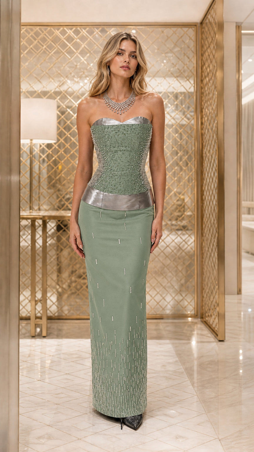 Sage color variant of beaded corset evening gown