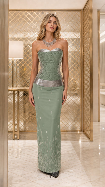 Sage color variant of beaded corset evening gown