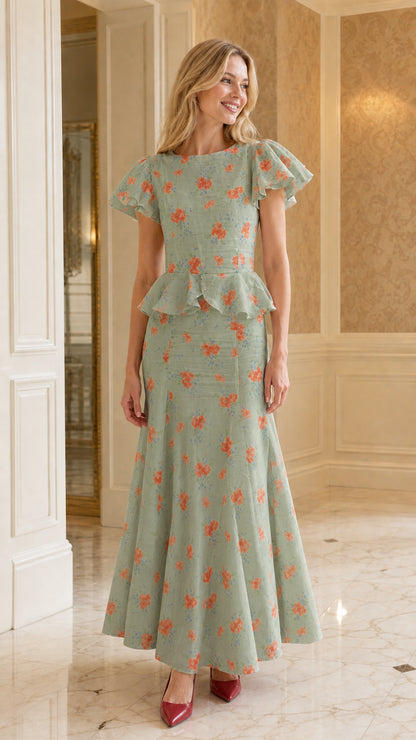 Front view of sage floral print ruffle sleeve peplum maxi dress