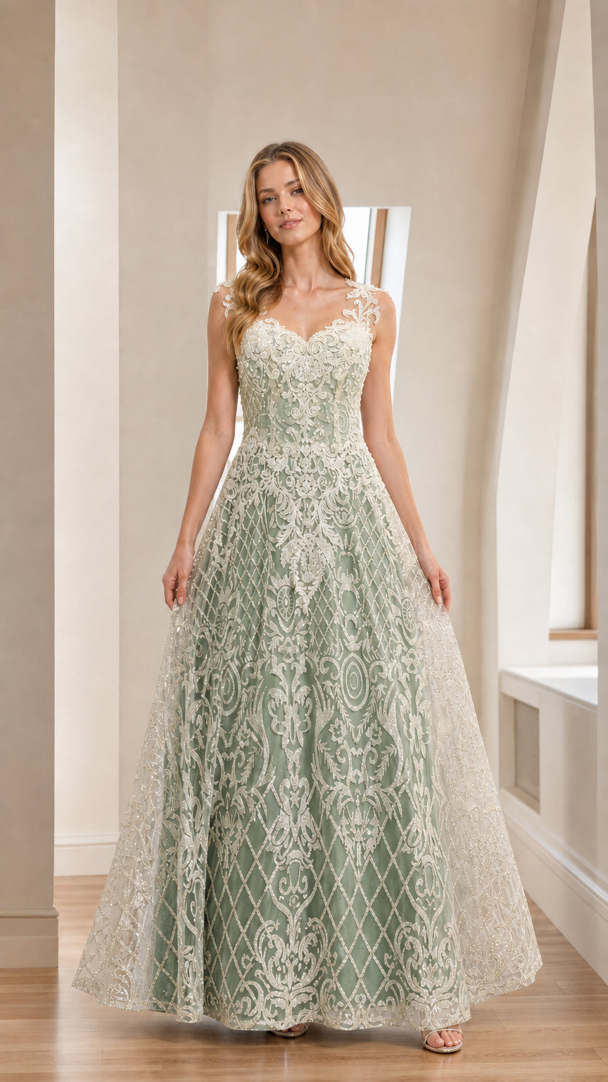 Sage green variant of the embroidered A-line evening gown