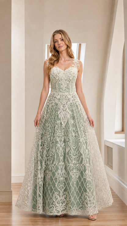 Sage green variant of the embroidered A-line evening gown