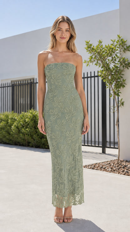 Front view of model wearing sage green strapless sequin lace maxi dress