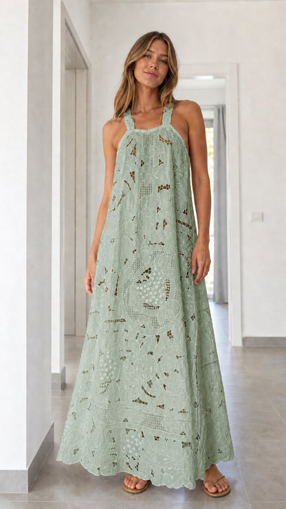 Front view of sage green eyelet lace maxi dress