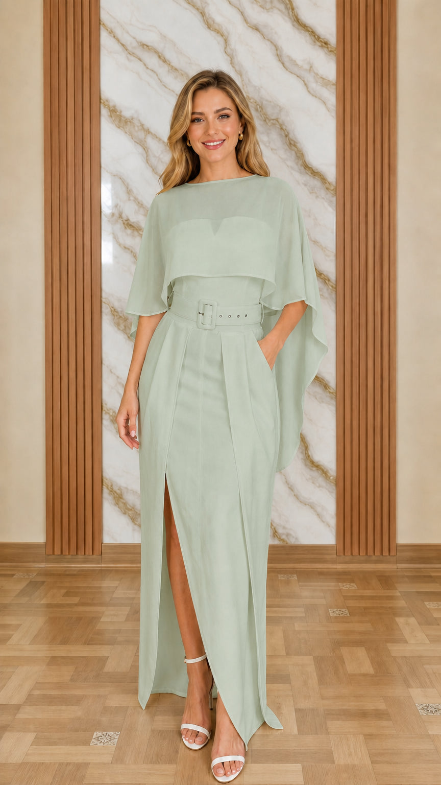 Model wearing sage green cape overlay jumpsuit