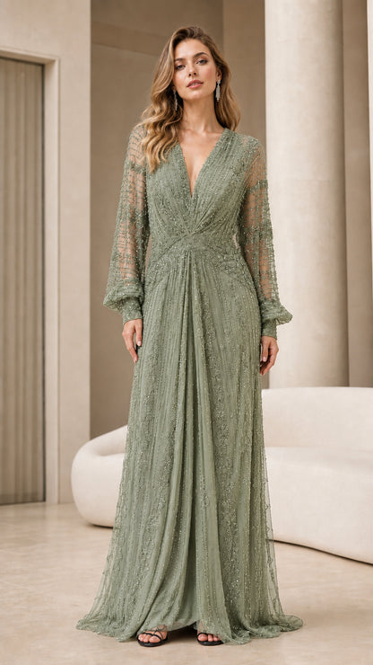 Front view of sage green embellished V-neck evening gown with long sleeves