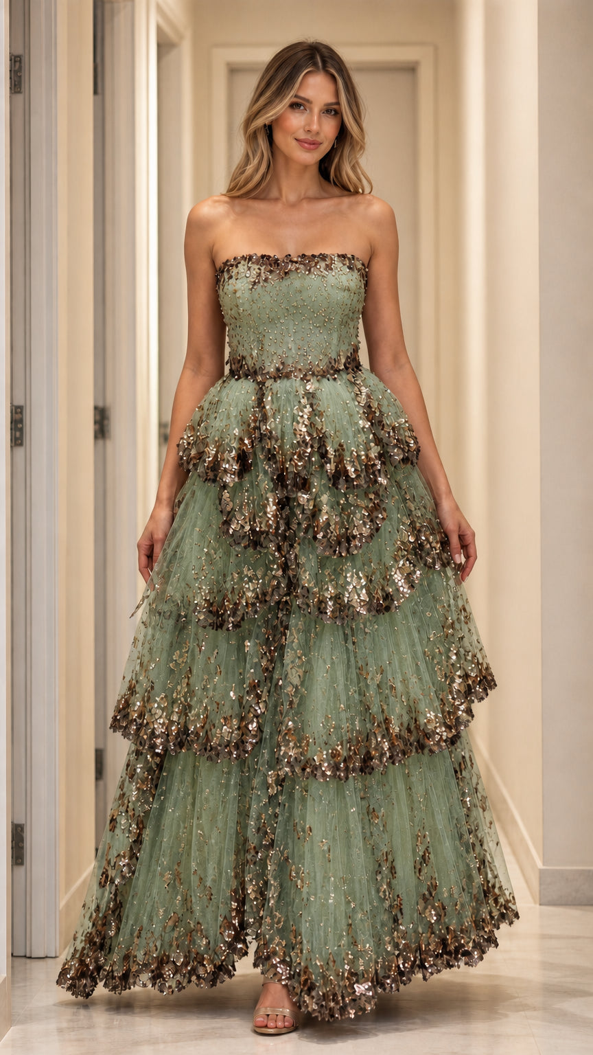 Model wearing sage green strapless tiered sequin gown