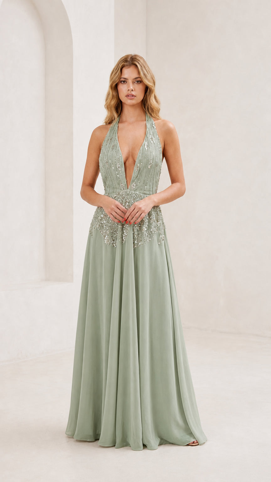 Front view of sage green evening gown variant