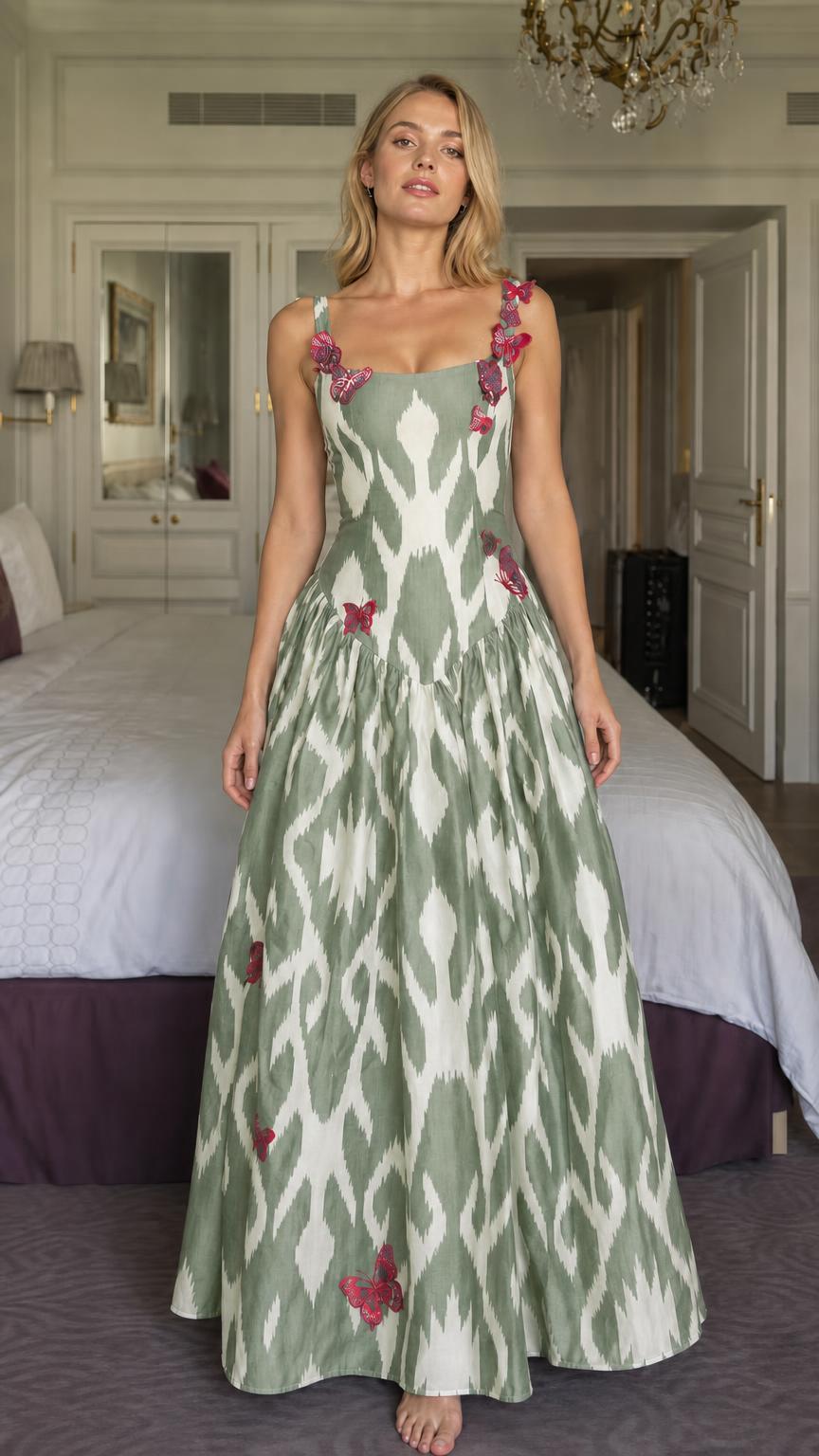 Woman wearing green ikat print maxi dress with butterflies