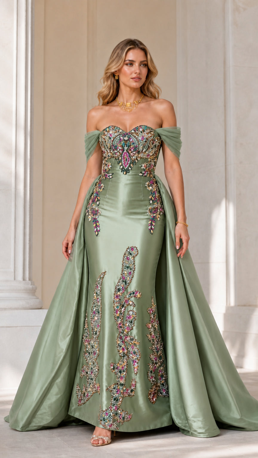 Sage green variant of beaded mermaid evening gown