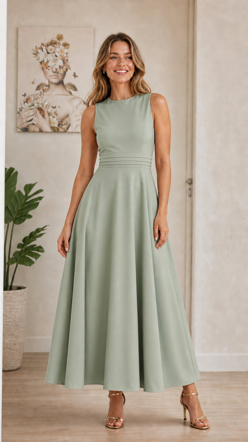 Model wearing sage green sleeveless A-line midi dress