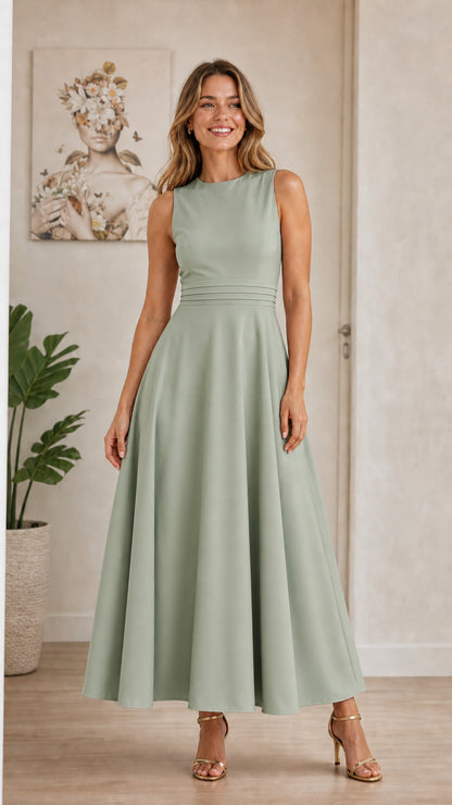 Model wearing sage green sleeveless A-line midi dress