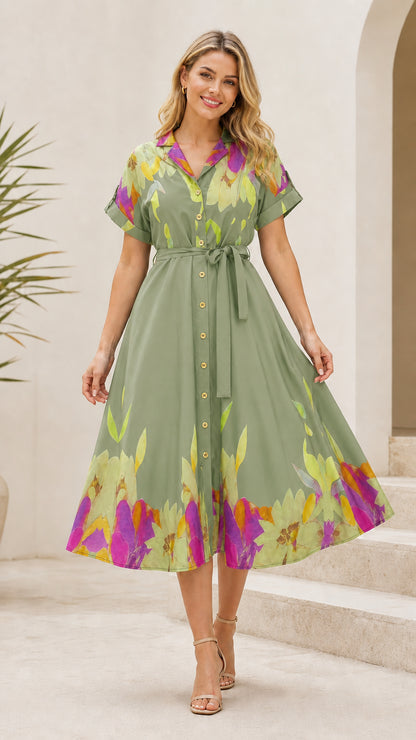 Sage green belted midi shirt dress featuring colorful floral trim