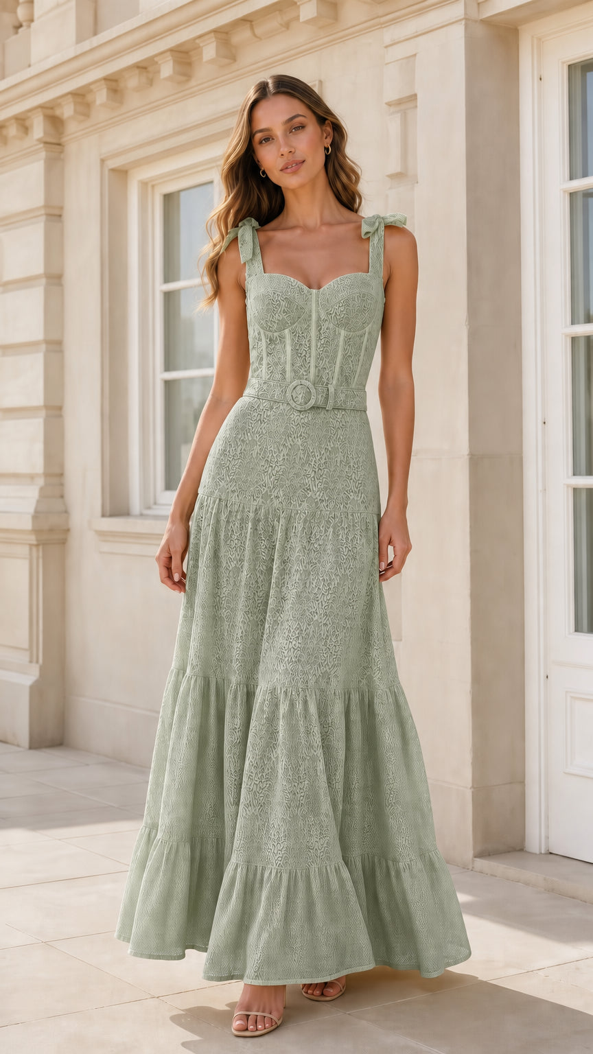 Front view of sage green lace tiered maxi dress