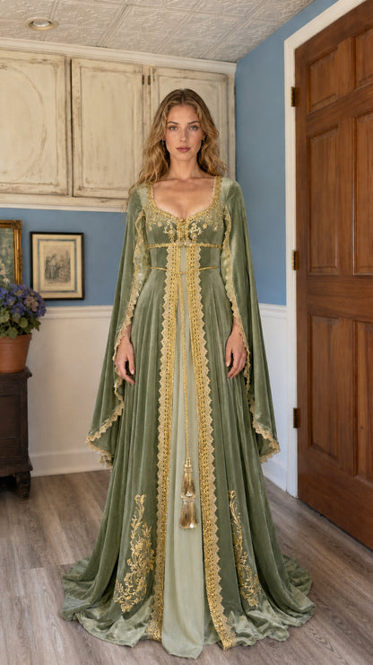 Front view of the sage green Renaissance velvet medieval gown