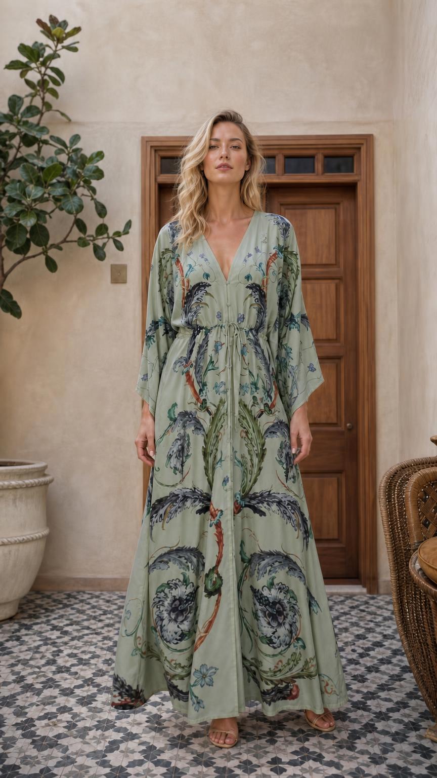 Model wearing sage boho floral maxi dress