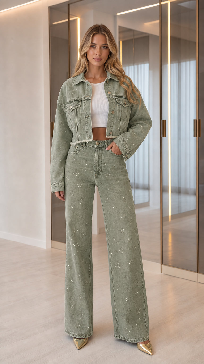 Full front view of model wearing Sage Green rhinestone embellished denim set