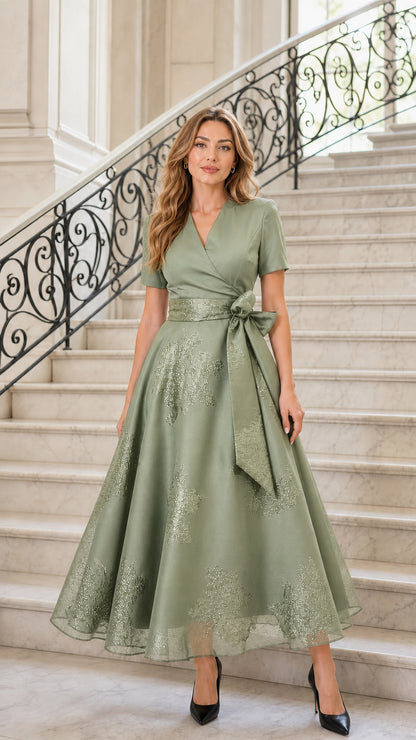 Front view of sage green midi dress variant