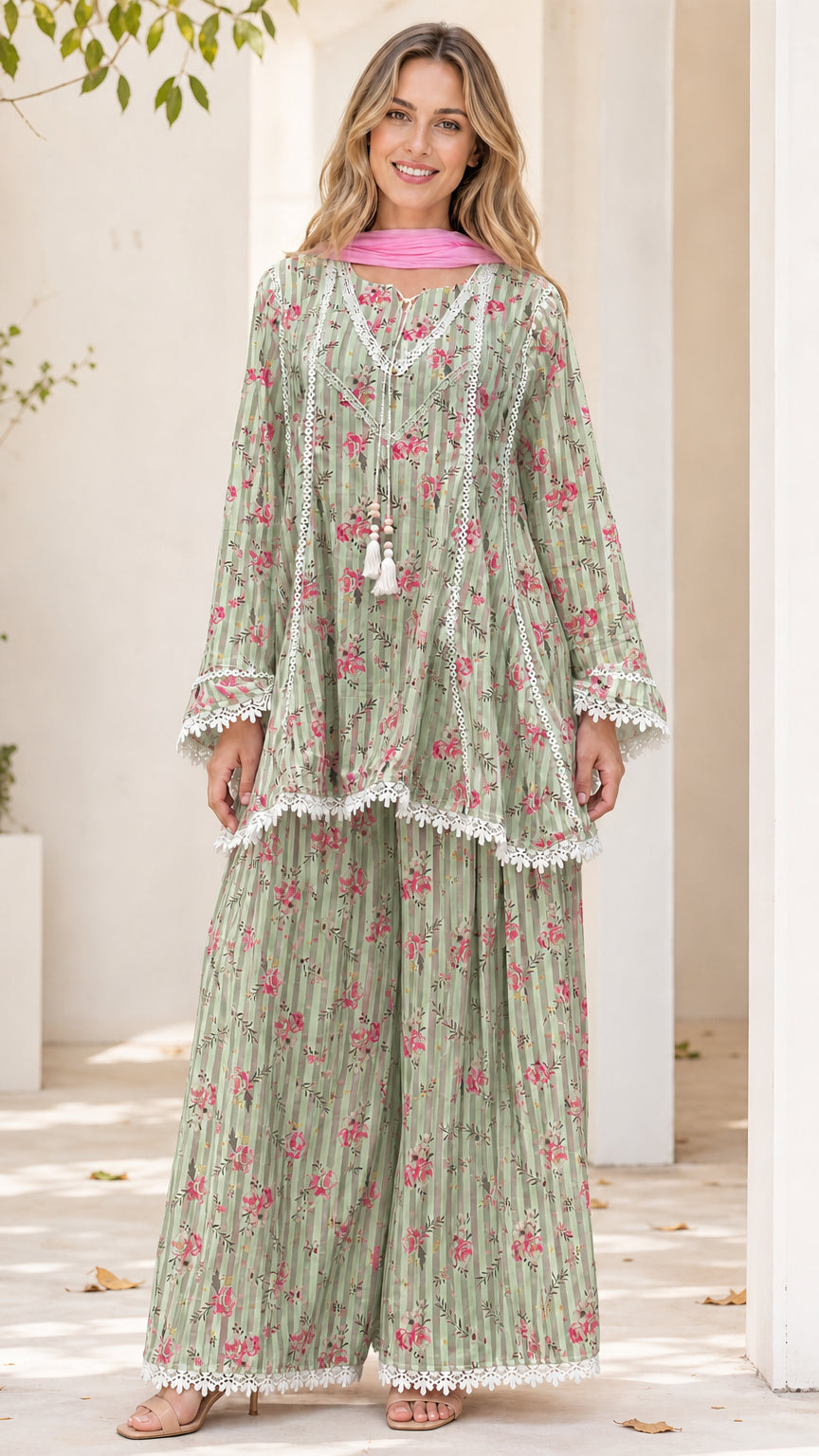 Model wearing sage green floral striped tunic and pants set