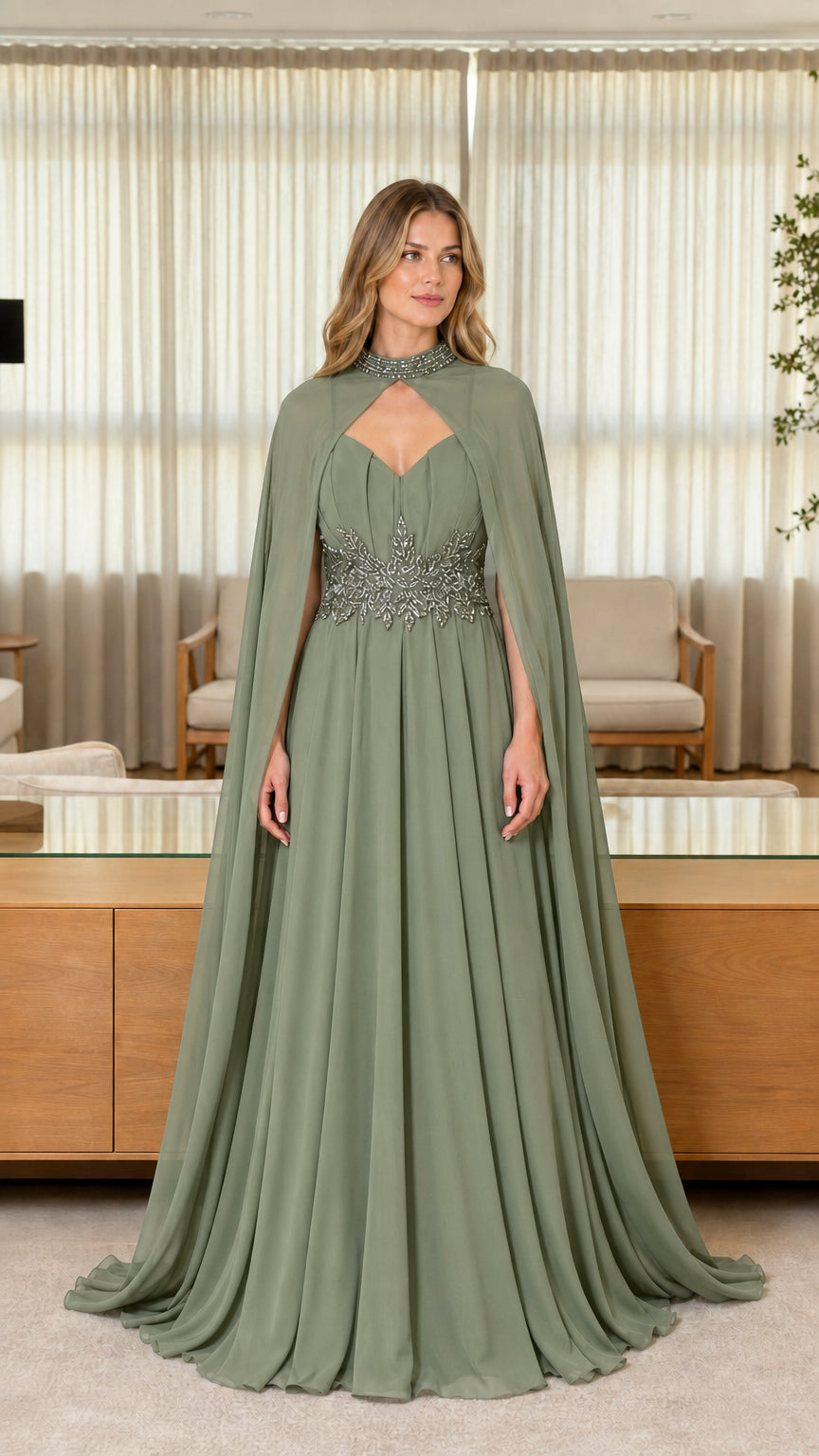 Front view of sage green evening dress with cape