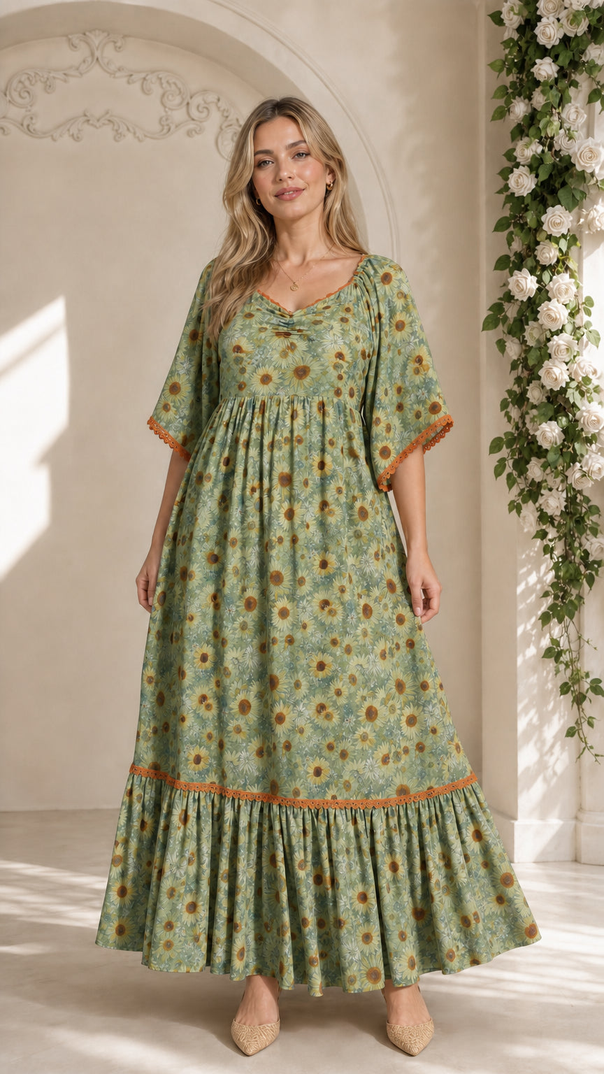 Model wearing sage green floral tiered maxi dress with lace trim