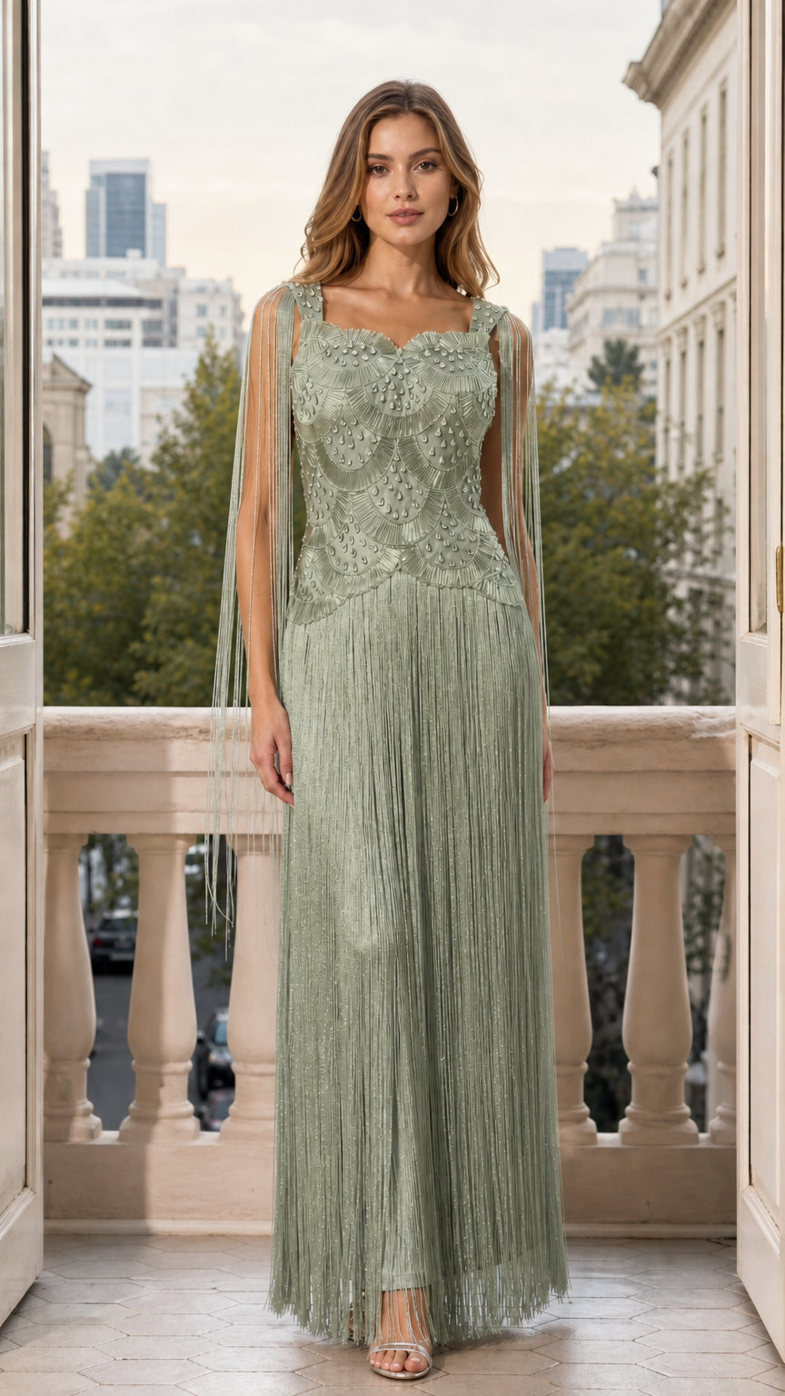 Front view of woman wearing sage green beaded fringe maxi evening gown