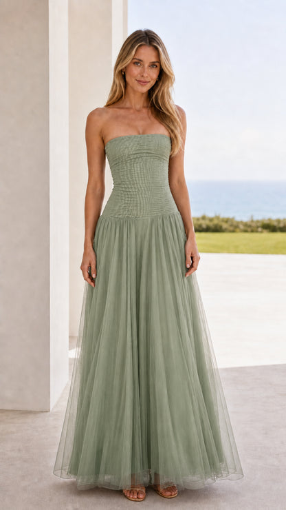 Front view of sage green strapless ruched tulle maxi dress