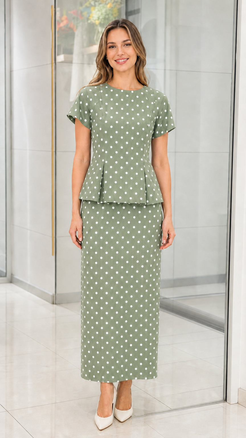 Front view of sage green polka dot two piece set on model