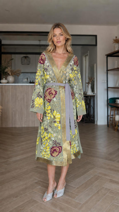 Front view of green floral embroidered kimono robe