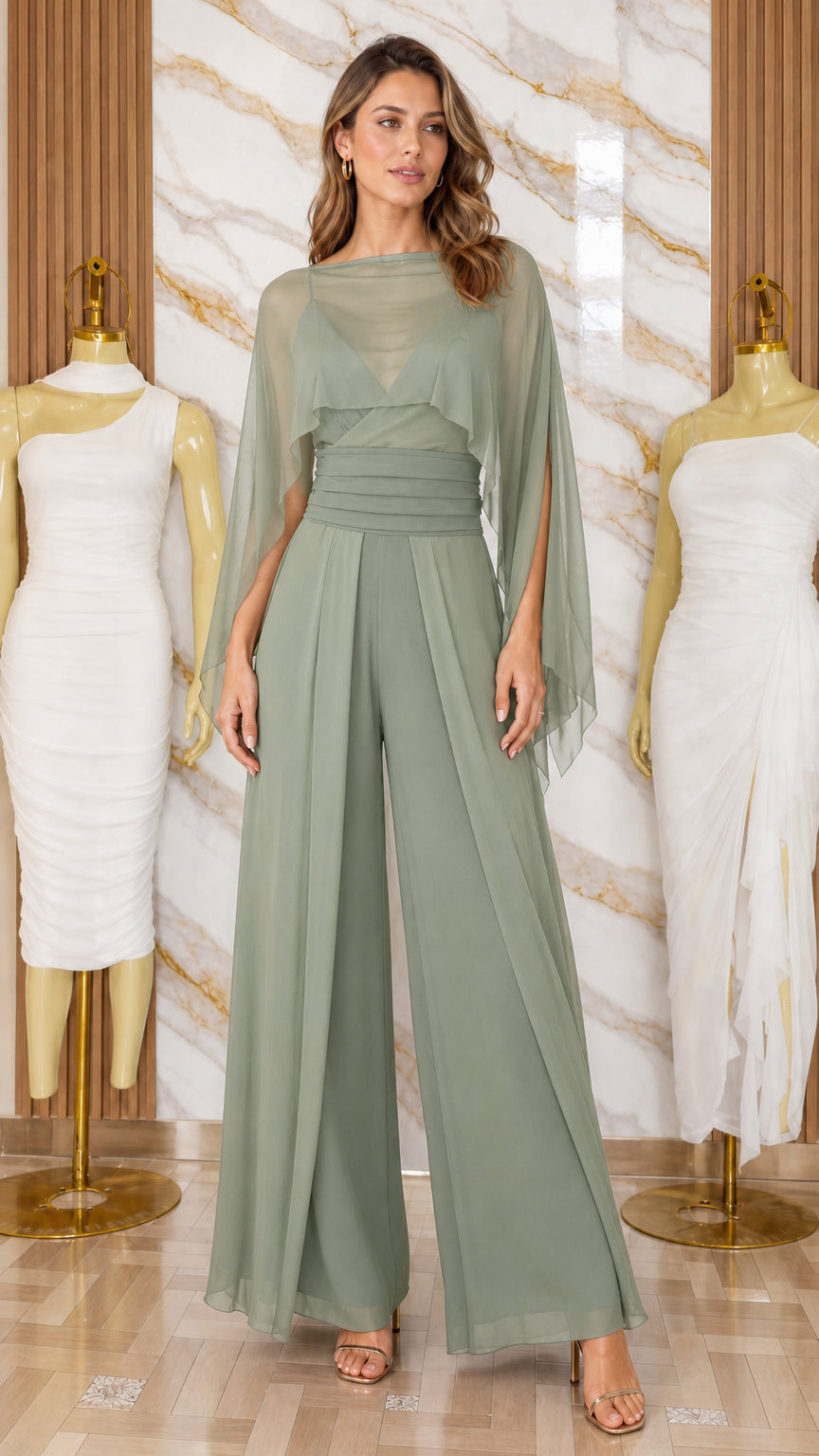Model wearing sage green chiffon overlay wide-leg jumpsuit