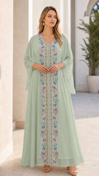 Sage green floral embroidered chiffon kaftan dress front view