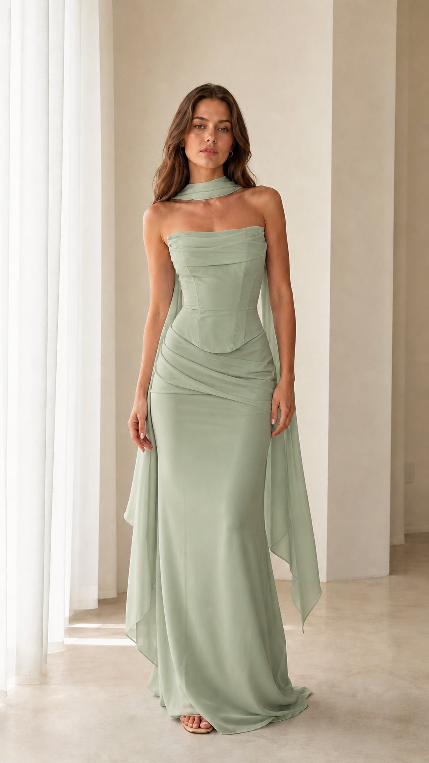 Model wearing the Sage Green strapless corset evening dress