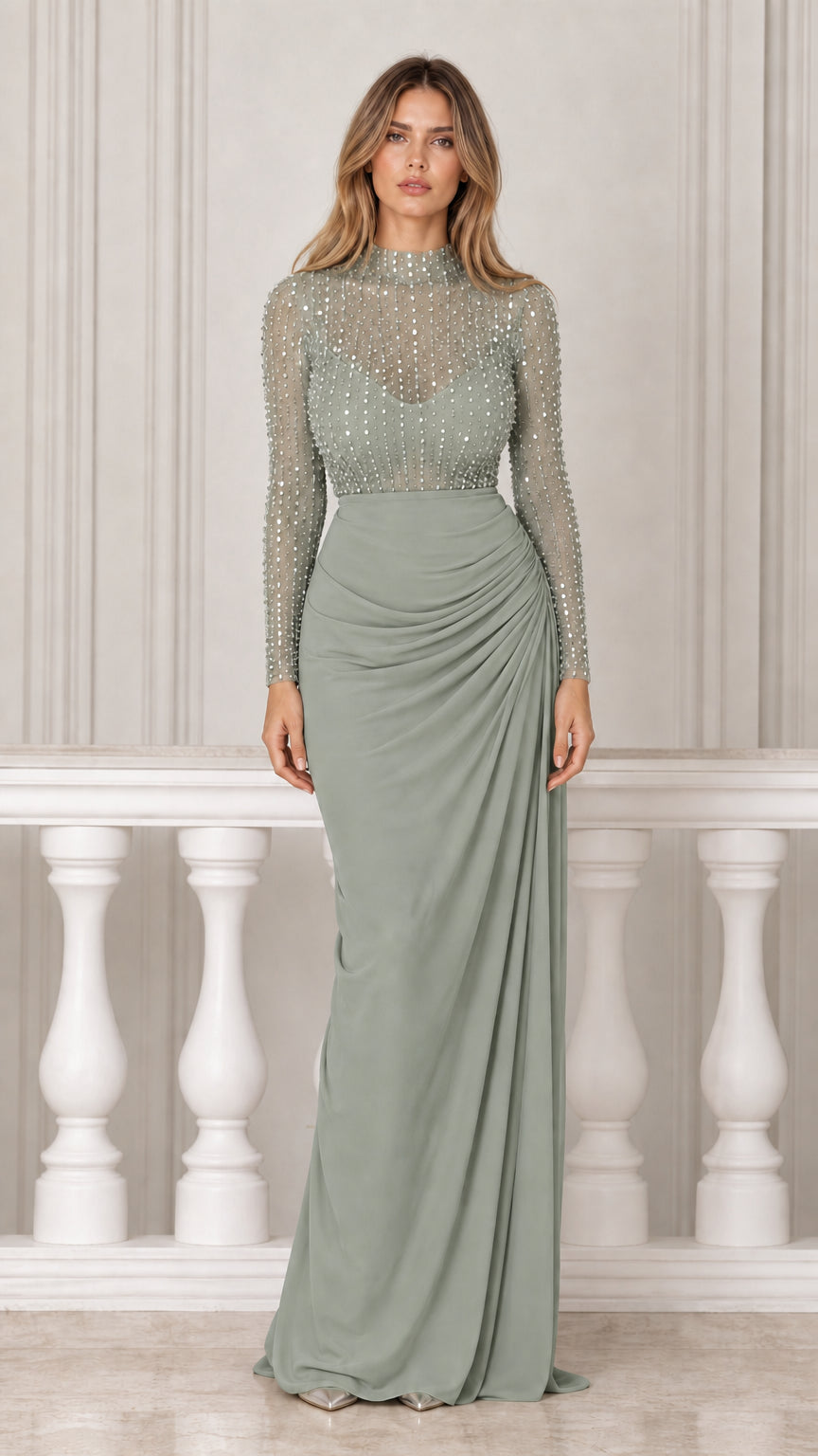 Sage Green variant of the embellished high neck maxi dress