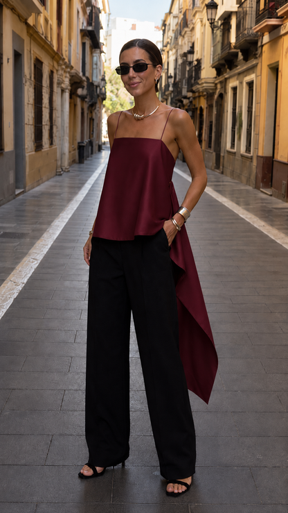 Front view of burgundy asymmetric draped cami top with black trousers