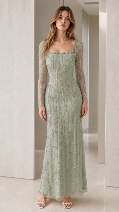 Full front view of Sage Green beaded square neck long sleeve maxi dress