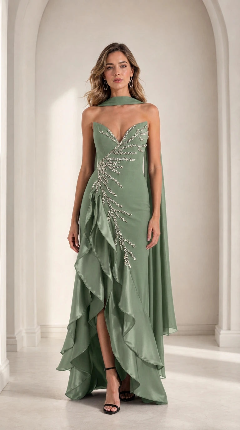 Sage green strapless evening gown with beaded branch design and cape scarf
