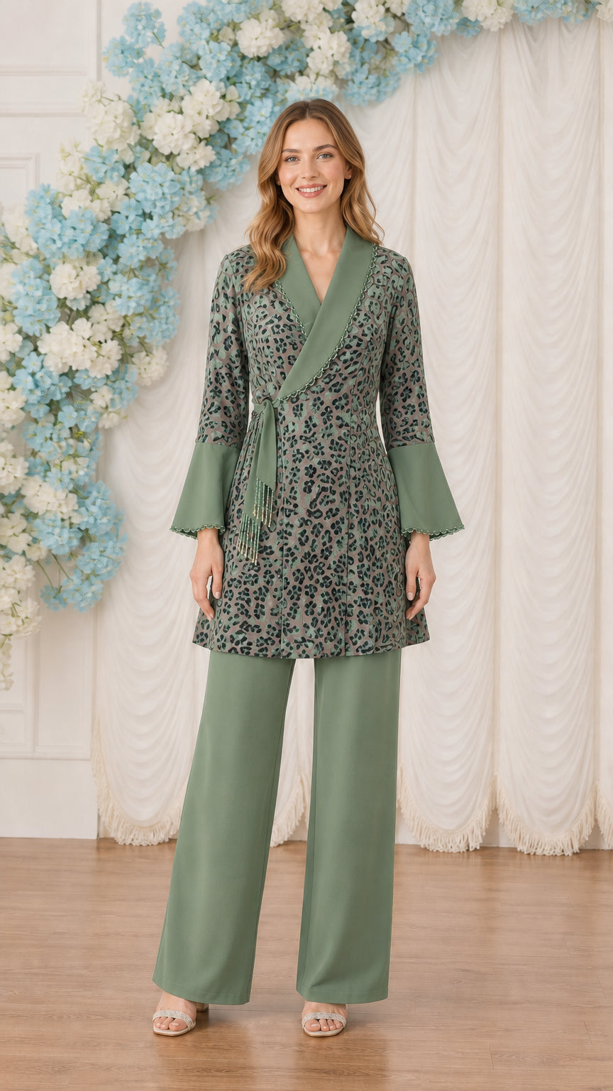 Sage Green monochromatic textured wrap tunic and wide-leg pant set