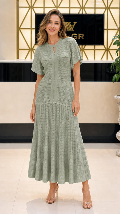 Front view of model wearing sage knit midi dress