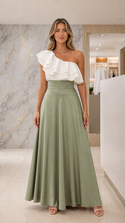 Full-length front view of sage green and white evening dress